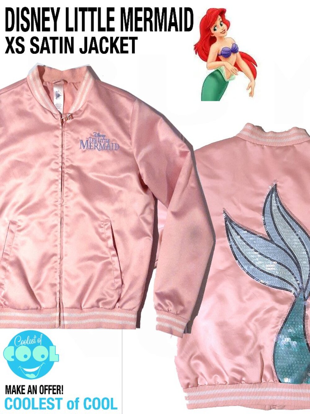 Disney Store Little Mermaid Ariel Pink Satin Bomber Jacket Women's XS Sequin